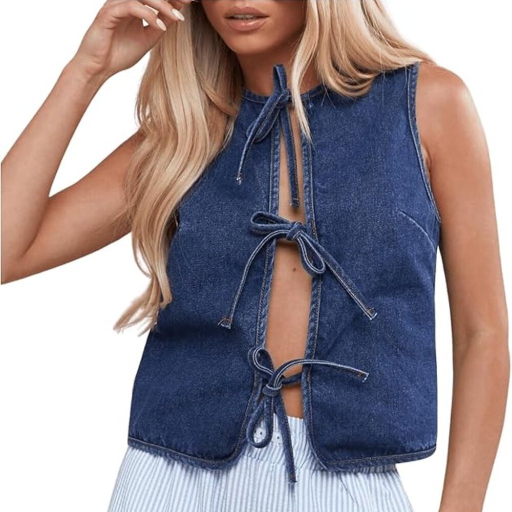 Tie Detail Open Front Sleeveless Denim Top